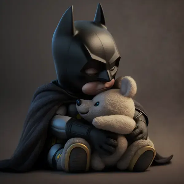 baby batman cuddling teddy bear