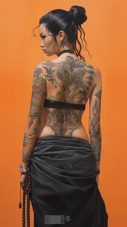 a painting of a woman with tattoos on her back