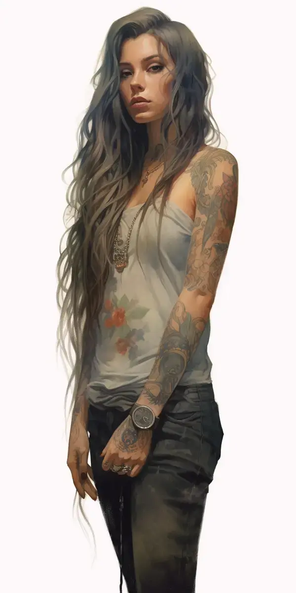 An illustration of a woman with long hair with tattoos on her arm