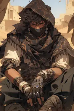 a man sitting in the desert with a glove on his hand
