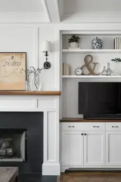 TV in Built In Shelf Next to Fireplace Mantel - Transitional - Living Room