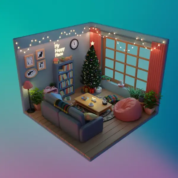 3D cozy living room with Christmas tree