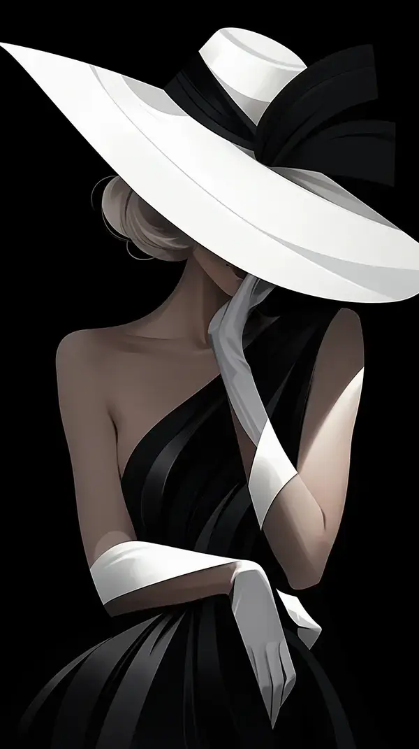 a woman in a black dress and a white hat