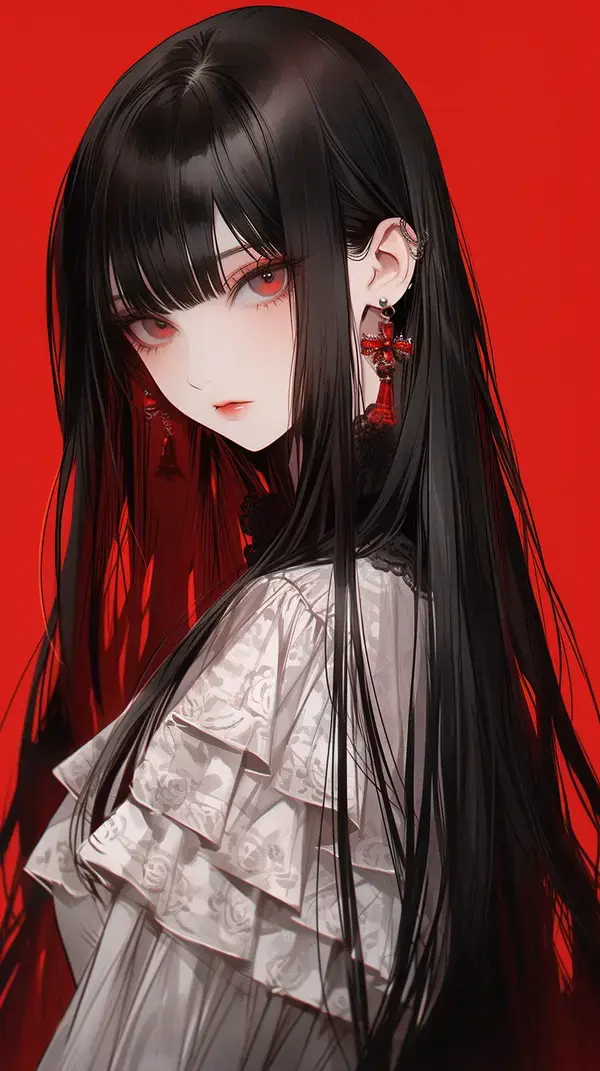 a girl with long black hair wearing a white dress