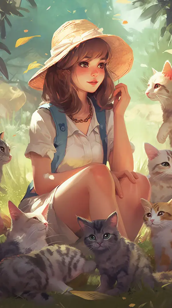 a woman sitting in the grass surrounded by cats