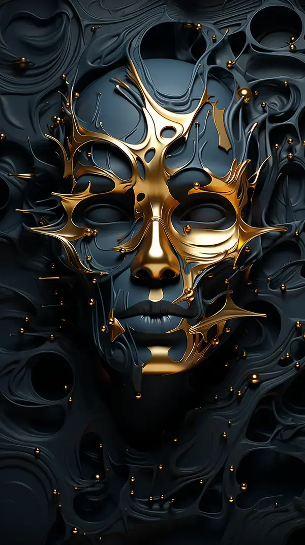 a gold mask on a black background