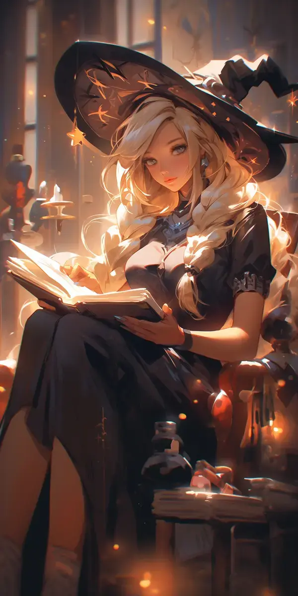 a woman in a witch hat reading a book