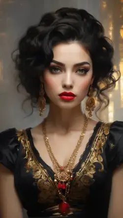 Woman with a red lipstick and a gold necklace, portrait shot