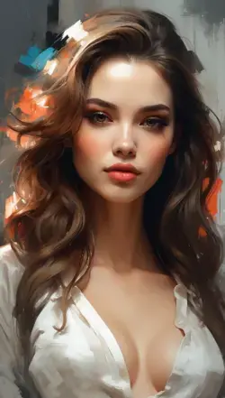 Painting of a woman with long hair and a white shirt