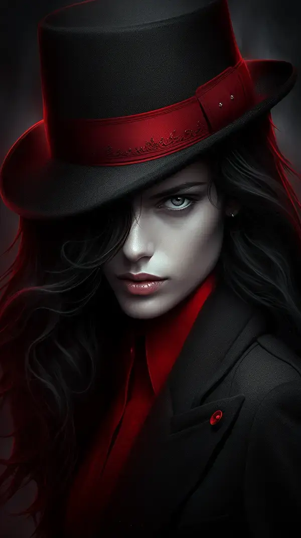 a woman wearing a black hat and red shirt