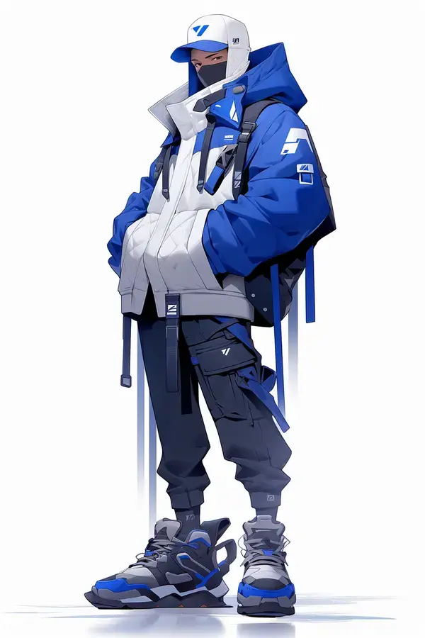 Hip-Hop Vibes: Anime Man in Blue and White Fashion - Illustrated Art