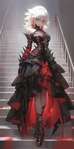 a woman in a black and red dress on some stairs
