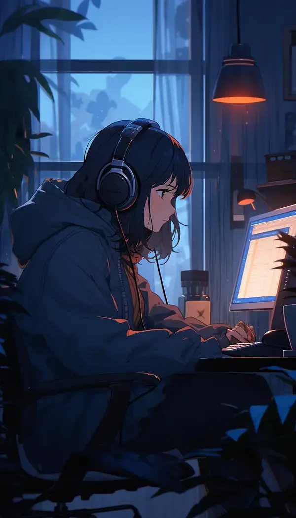 Dreamy Anime Lo Fi Girl at laptop Wallpaper Iphone