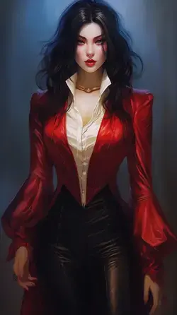 a woman in a red jacket and black pants