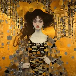 a painting of a woman in a black and gold dress