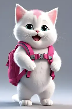 Adorable cute little fat pink and white happy cat kitty kitten carry a backpack animal