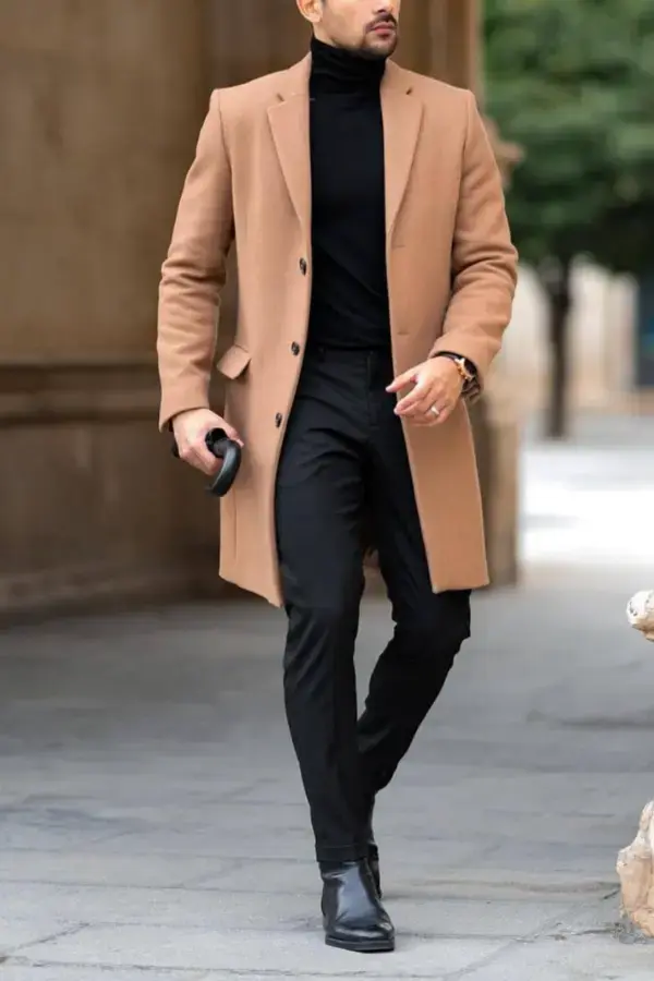 Men's Black Outfit with Tan Overcoat | Gentleman Style | Giorgenti Custom Suits Brooklyn NYC