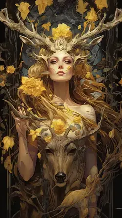 a woman with a deer and flowers in her hair