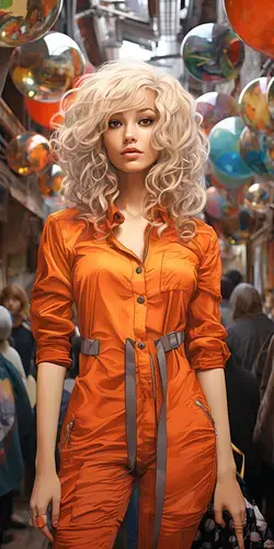 a woman in an orange jumpsuit standing in a crowded area