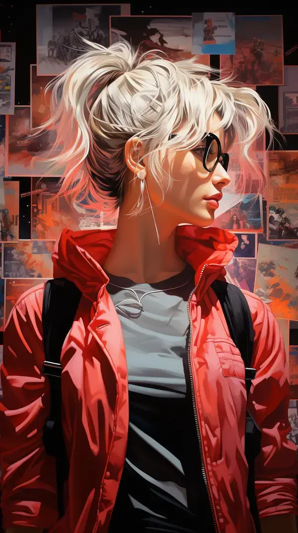 a woman wearing a red jacket and glasses