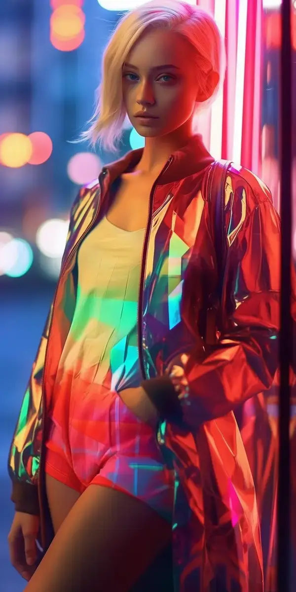 beautiful anime model wears lava lamp fashion on bright downtown city street