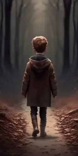 boy walking  alone in forest
