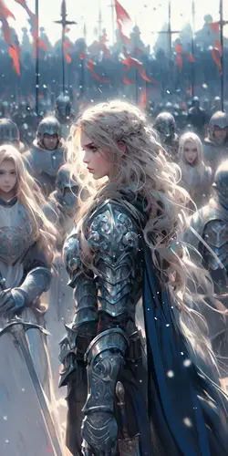 Blonde girl in armor infront an army - Ai Art