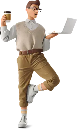 3D man standing with laptop and coffee Illustration