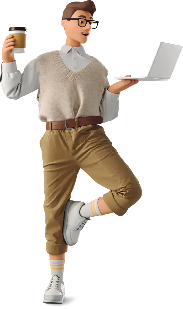 3D man standing with laptop and coffee Illustration