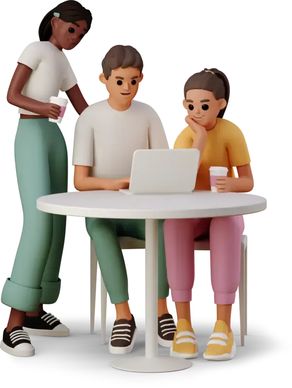 3D young people discussing team project at a laptop Illustration