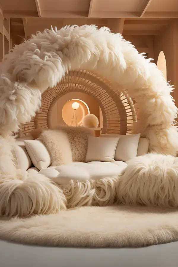 Exotic Elegance: Fancy Fluffy Covered Couch in a Whimsical Atmosphere