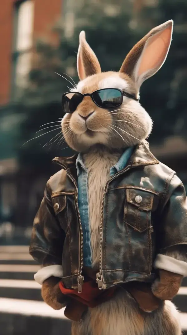 A fashionable rabbit in trendy attire, posing confidently on a street corner