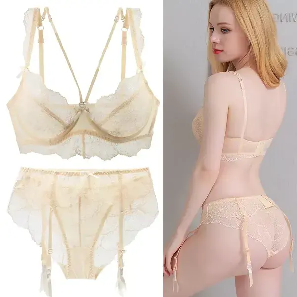 Uaang Sexy Cutout Underwear Set Women Thong New Fashion Female 32/70 34/75 36/80 38/85 40/90 42/95 44/100 BCDE Cup Lingerie Beige-95E